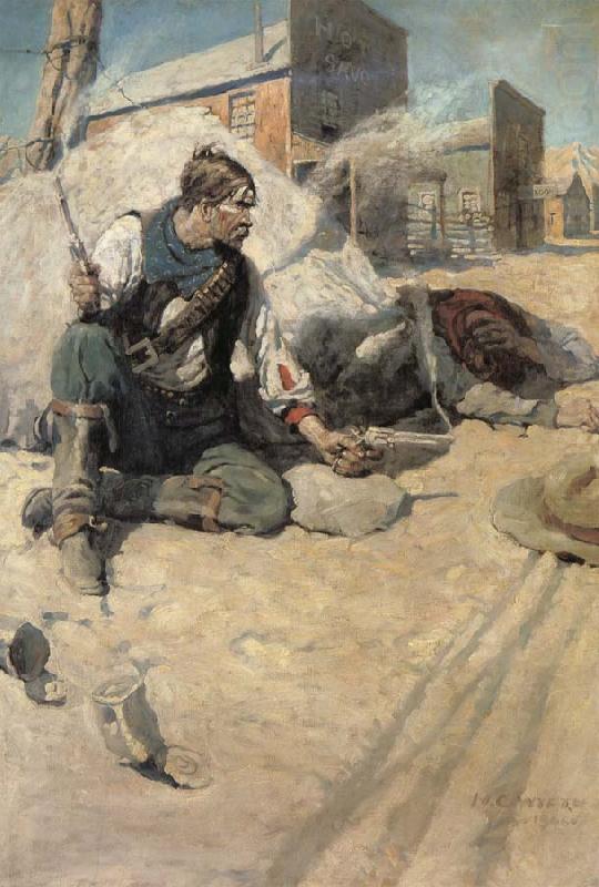 NC Wyeth Sitting up Cross-legged with each hand holding a gun from which came thin wisps of smoke